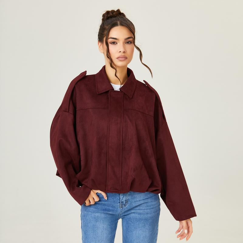 Katchme Women'S Winter Vintage Solid Color Collared Zipper Long Sleeve Jacket, Cozy Outerwear for Lady