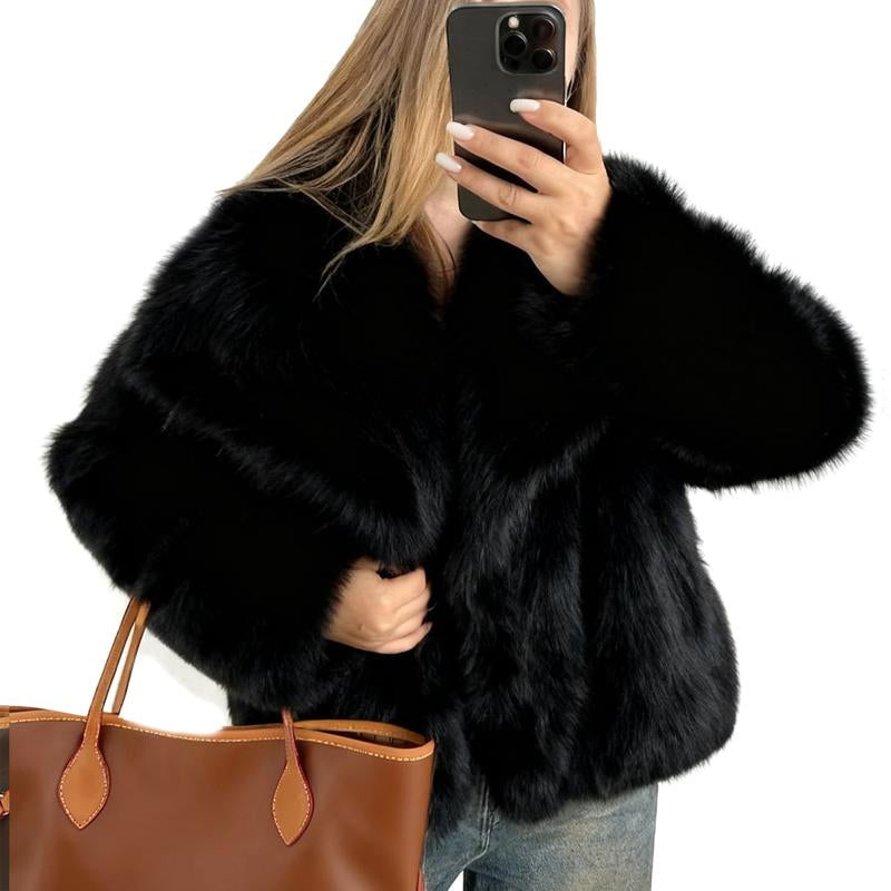 Buenoble Women'S Brown Faux Fur Coat Winter Fluffy Short Jacket Warm Fuzzy Oversized Outwear Top Shaggy Collar Full Lining Short Jacket with Side Pockets