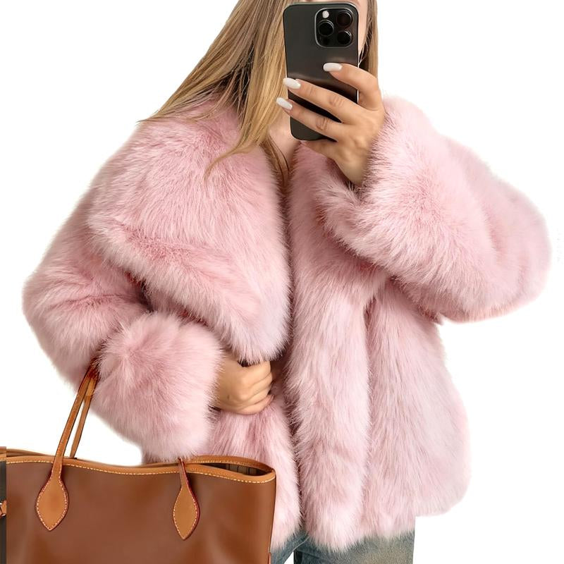Buenoble Women'S Brown Faux Fur Coat Winter Fluffy Short Jacket Warm Fuzzy Oversized Outwear Top Shaggy Collar Full Lining Short Jacket with Side Pockets