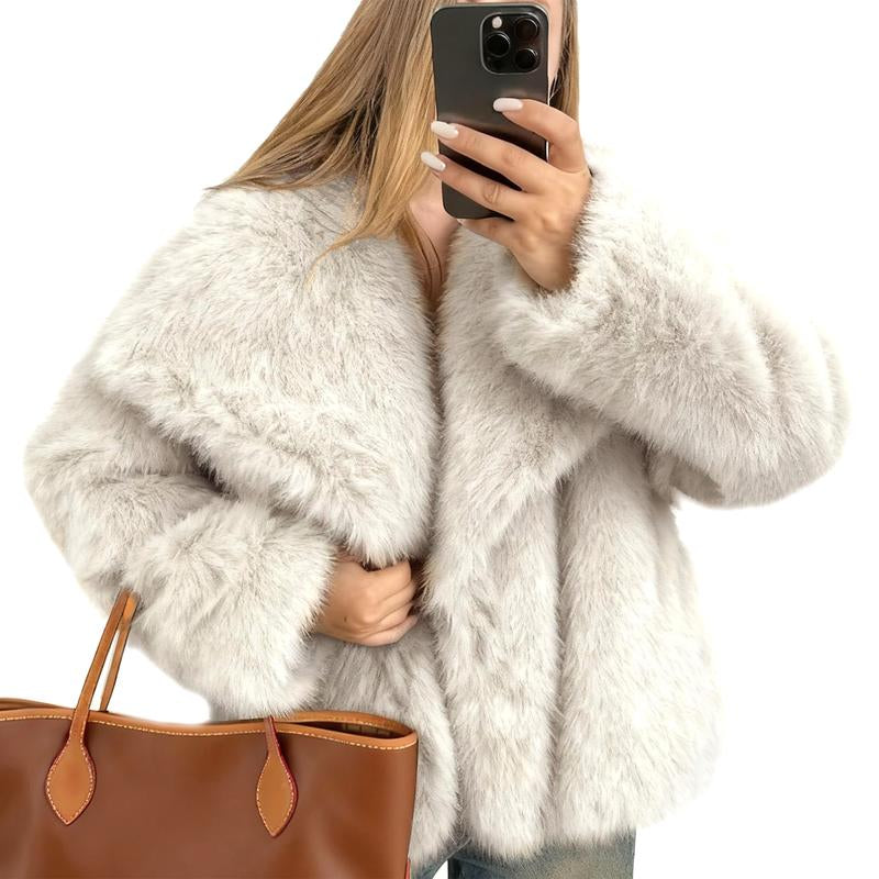 Buenoble Women'S Brown Faux Fur Coat Winter Fluffy Short Jacket Warm Fuzzy Oversized Outwear Top Shaggy Collar Full Lining Short Jacket with Side Pockets