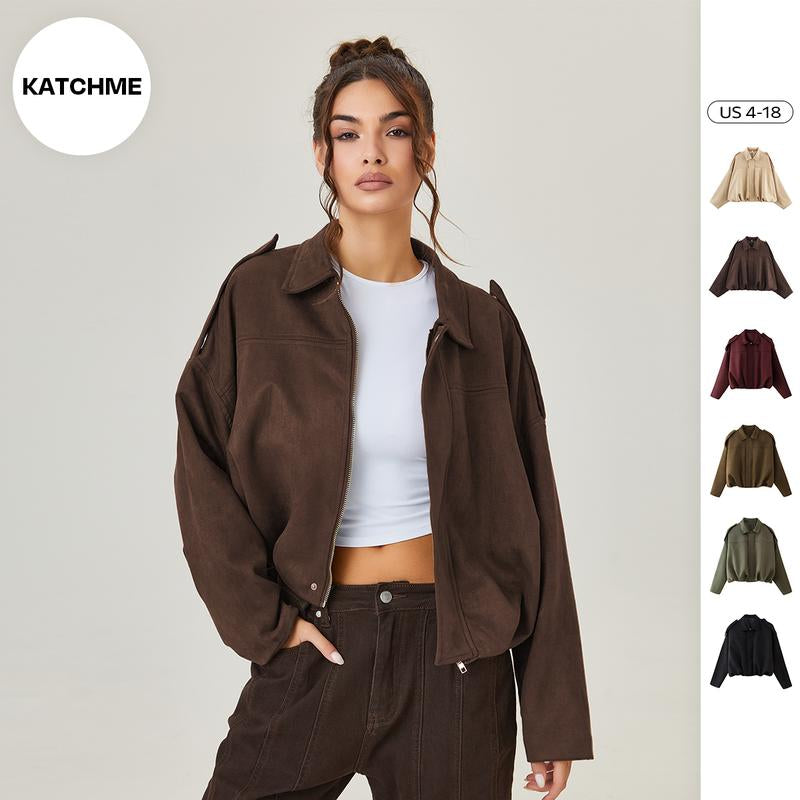 Katchme Women'S Winter Vintage Solid Color Collared Zipper Long Sleeve Jacket, Cozy Outerwear for Lady