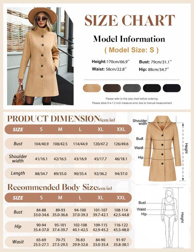 Women'S Winter Single Breasted Pea Coat Casual Stand Collar Overcoat Work Office Classic Jacket with Pockets