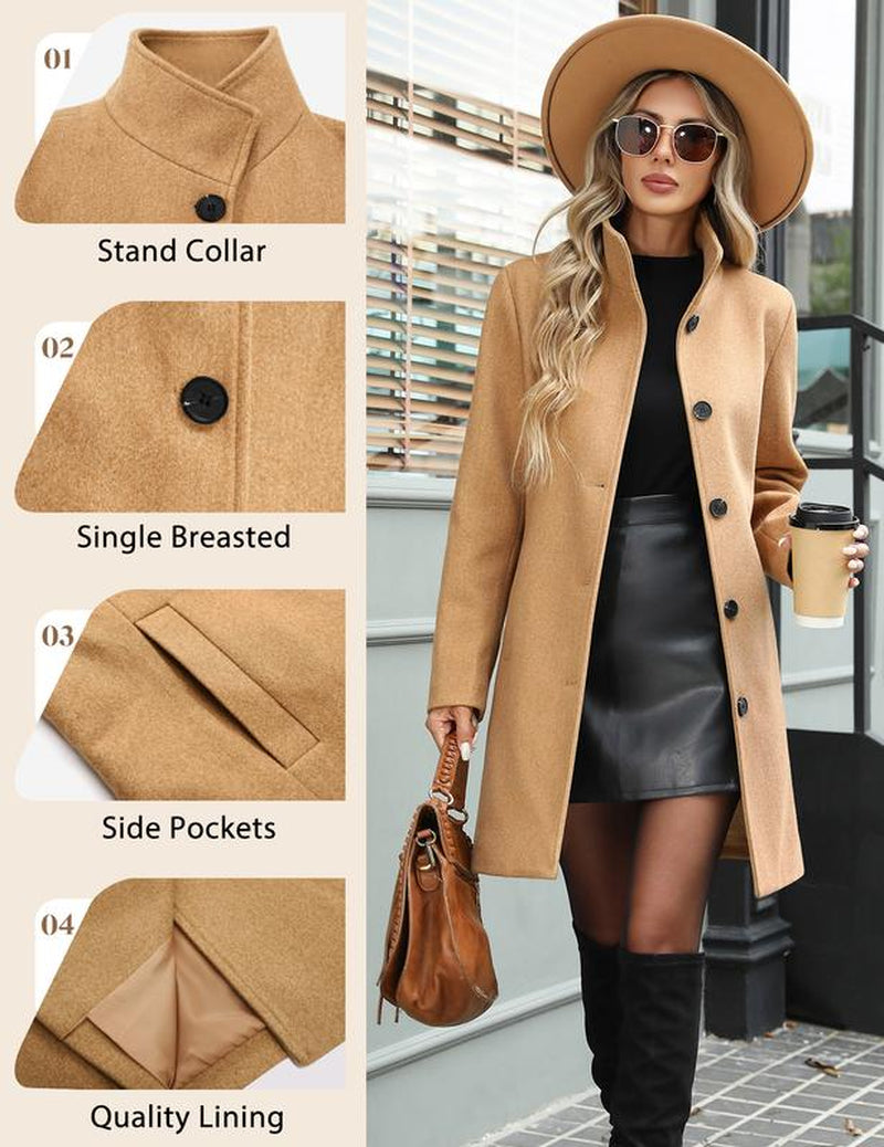 Women'S Winter Single Breasted Pea Coat Casual Stand Collar Overcoat Work Office Classic Jacket with Pockets
