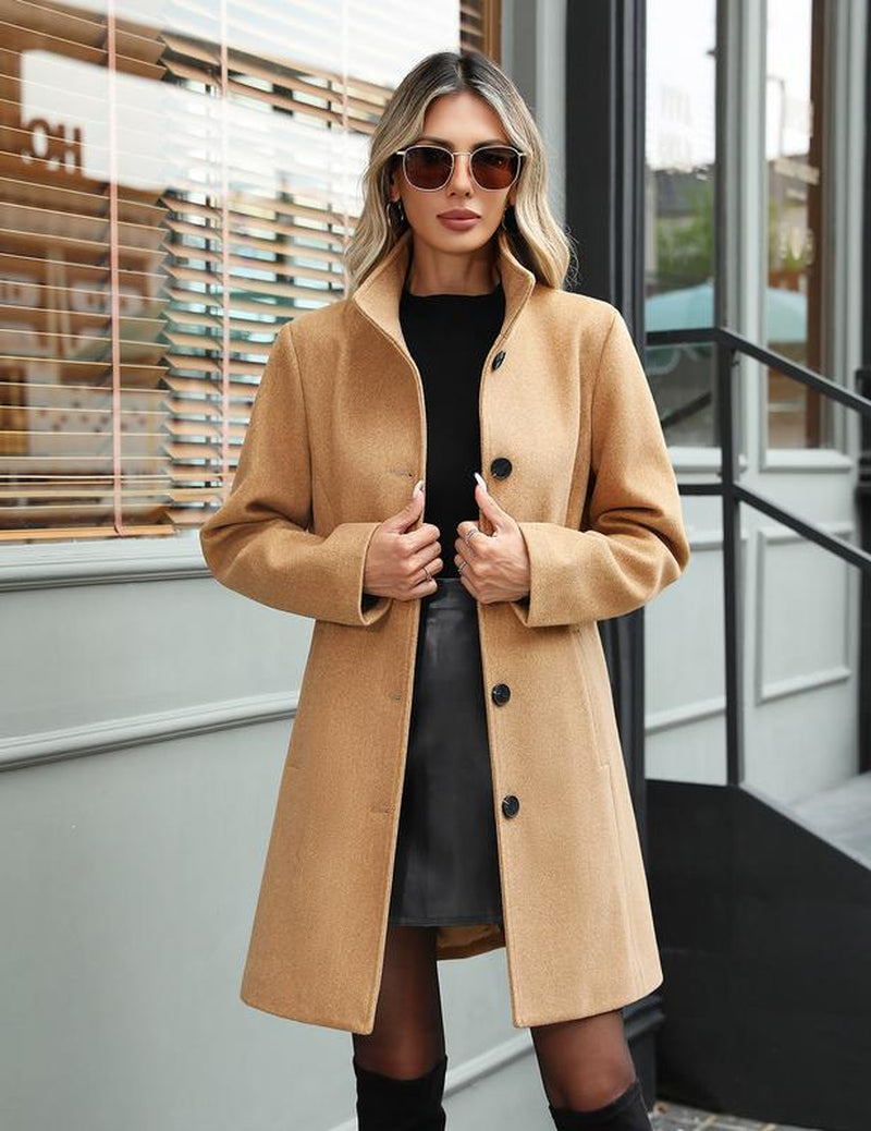 Women'S Winter Single Breasted Pea Coat Casual Stand Collar Overcoat Work Office Classic Jacket with Pockets