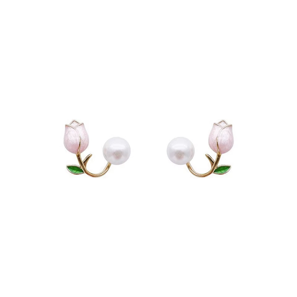 Introducing the Beautiful Fresh Rose Stud Earrings with Imitation Pearl – Sweet Pink Tulip Elegance for Trendy Women!