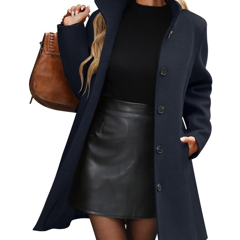 Women'S Winter Single Breasted Pea Coat Casual Stand Collar Overcoat Work Office Classic Jacket with Pockets