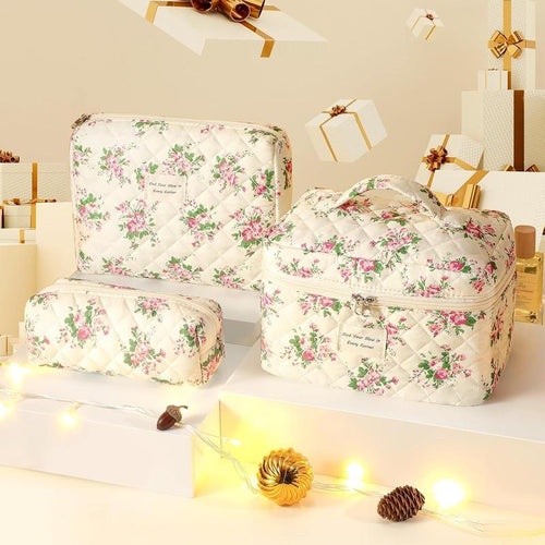 DELAMU 3-Piece Luxury Makeup Organizer Set – Aesthetic Quilted Beauty Storage Bags | GRWM Essentials | Must-Have Travel Makeup Case & Vanity Storage