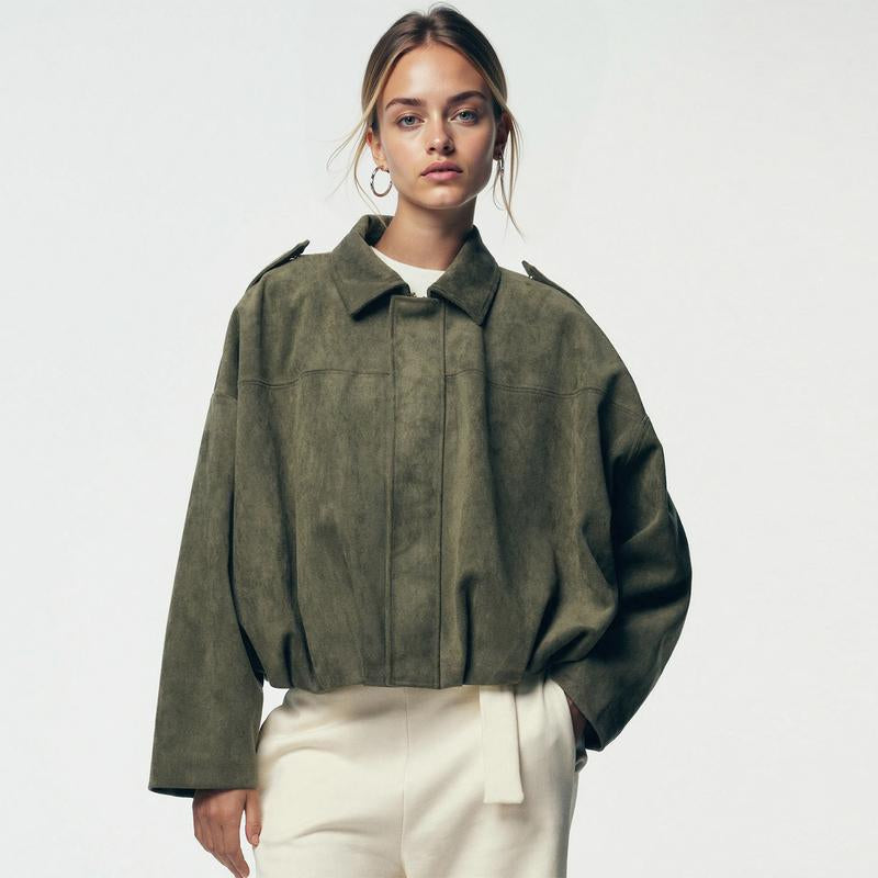 Katchme Women'S Winter Vintage Solid Color Collared Zipper Long Sleeve Jacket, Cozy Outerwear for Lady