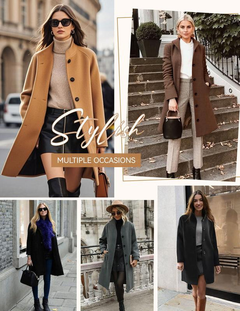 Women'S Winter Single Breasted Pea Coat Casual Stand Collar Overcoat Work Office Classic Jacket with Pockets