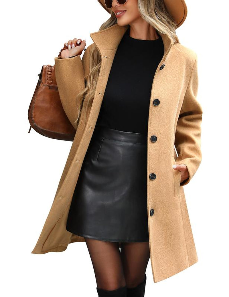 Women'S Winter Single Breasted Pea Coat Casual Stand Collar Overcoat Work Office Classic Jacket with Pockets