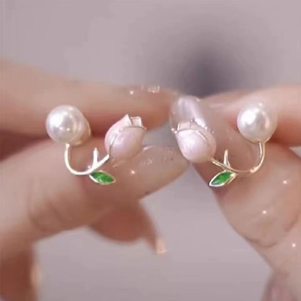 Introducing the Beautiful Fresh Rose Stud Earrings with Imitation Pearl – Sweet Pink Tulip Elegance for Trendy Women!