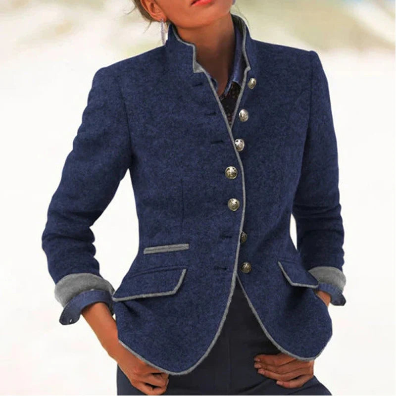 Chic Autumn Women's Blazer Coat with Pockets - Elegant Mandarin Collar, Long Sleeve Casual Woolen Jacket