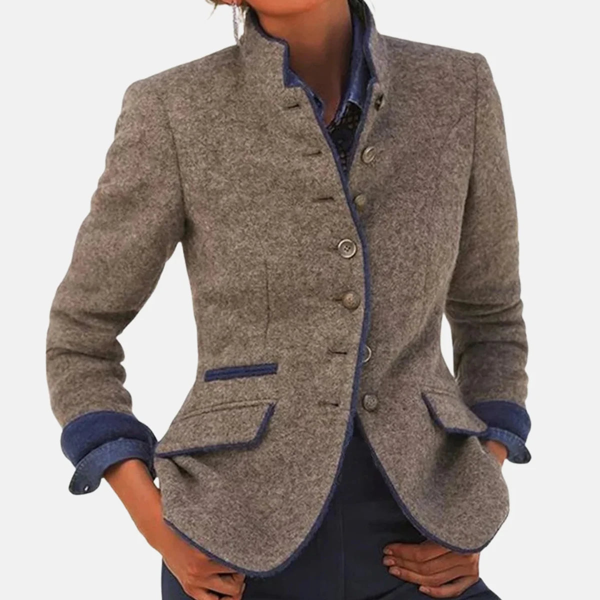 Chic Autumn Women's Blazer Coat with Pockets - Elegant Mandarin Collar, Long Sleeve Casual Woolen Jacket