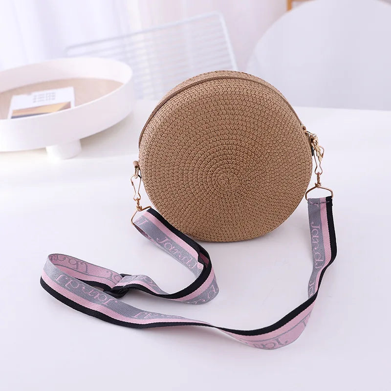 Round Straw Bag Women Woven Beach Crossbody Bag for Ladies Cute Shoulder Rattan Handmade Knitted Candy Color Small Handbag Bolsa