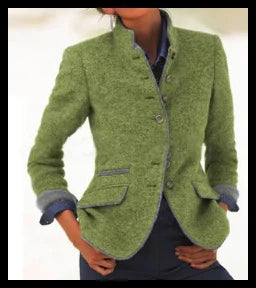 Chic Autumn Women's Blazer Coat with Pockets - Elegant Mandarin Collar, Long Sleeve Casual Woolen Jacket
