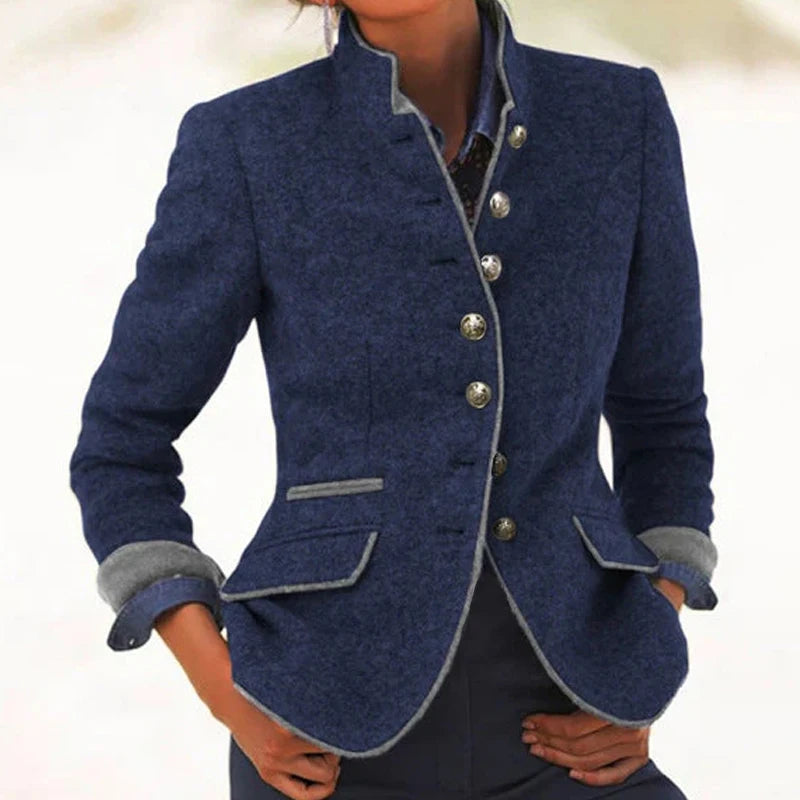 Chic Autumn Women's Blazer Coat with Pockets - Elegant Mandarin Collar, Long Sleeve Casual Woolen Jacket