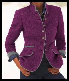 Chic Autumn Women's Blazer Coat with Pockets - Elegant Mandarin Collar, Long Sleeve Casual Woolen Jacket