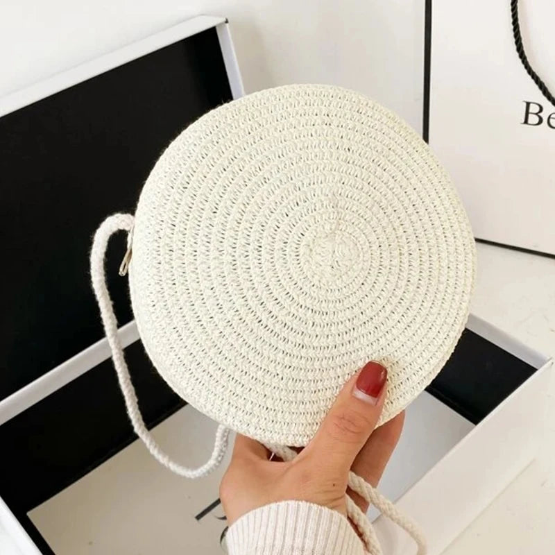 Round Straw Bag Women Woven Beach Crossbody Bag for Ladies Cute Shoulder Rattan Handmade Knitted Candy Color Small Handbag Bolsa