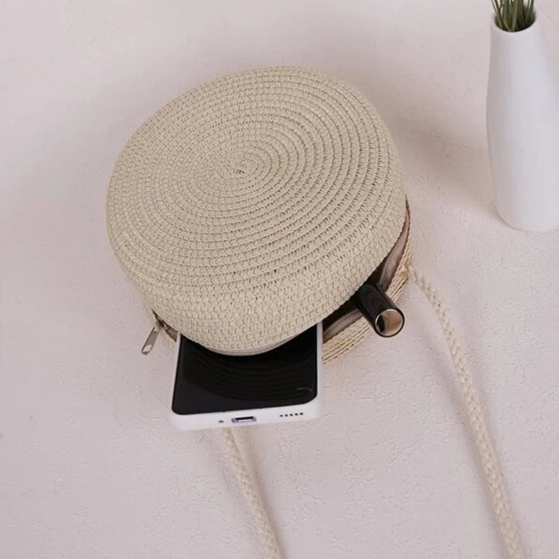 Round Straw Bag Women Woven Beach Crossbody Bag for Ladies Cute Shoulder Rattan Handmade Knitted Candy Color Small Handbag Bolsa
