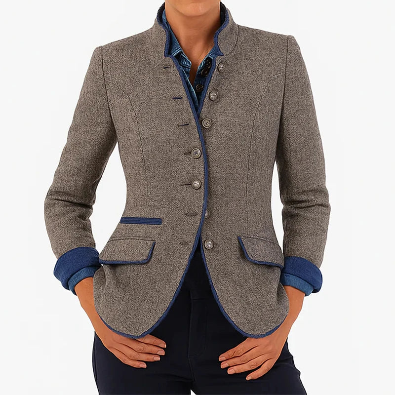 Chic Autumn Women's Blazer Coat with Pockets - Elegant Mandarin Collar, Long Sleeve Casual Woolen Jacket
