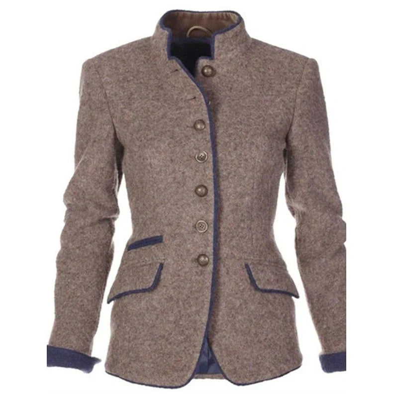 Chic Autumn Women's Blazer Coat with Pockets - Elegant Mandarin Collar, Long Sleeve Casual Woolen Jacket
