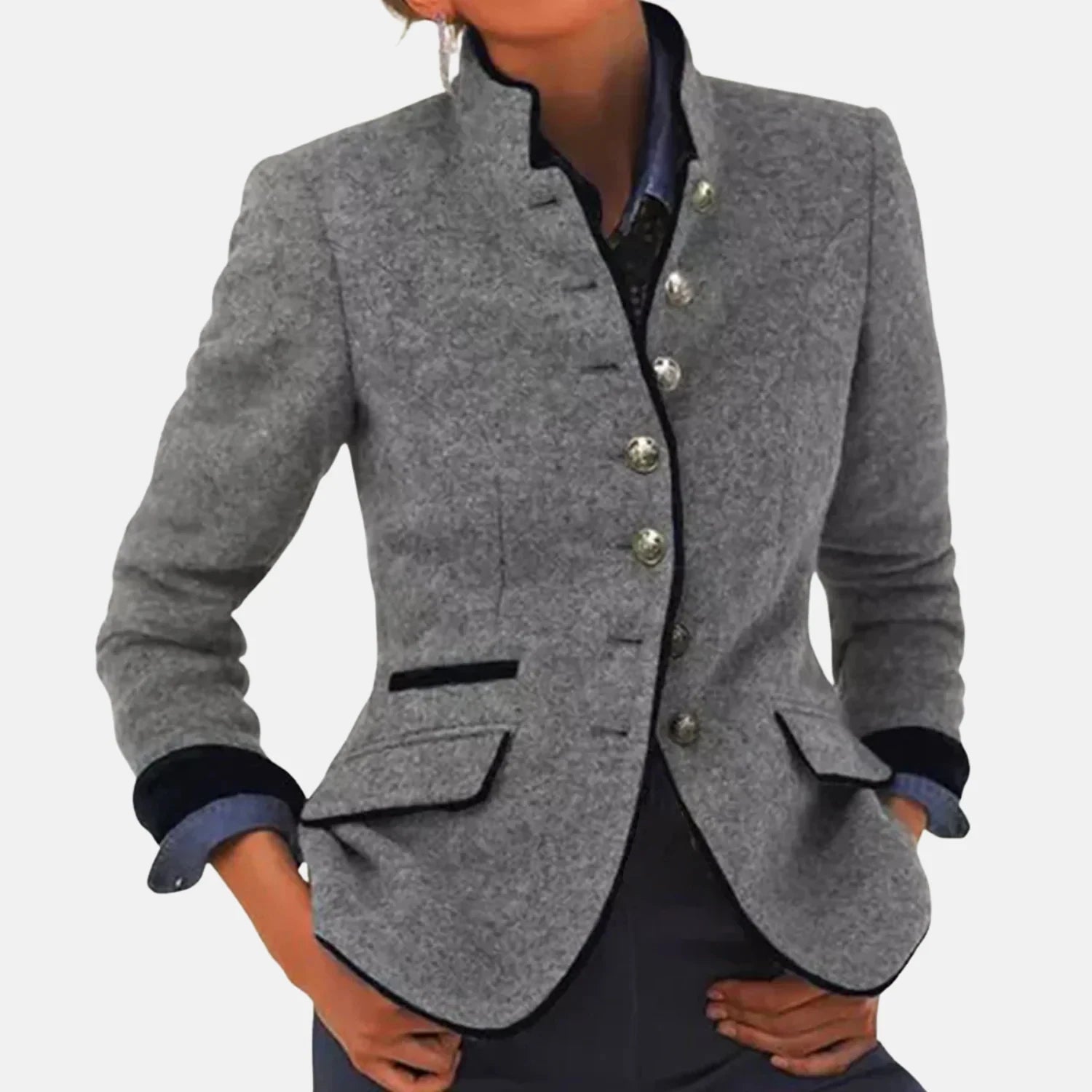 Chic Autumn Women's Blazer Coat with Pockets - Elegant Mandarin Collar, Long Sleeve Casual Woolen Jacket