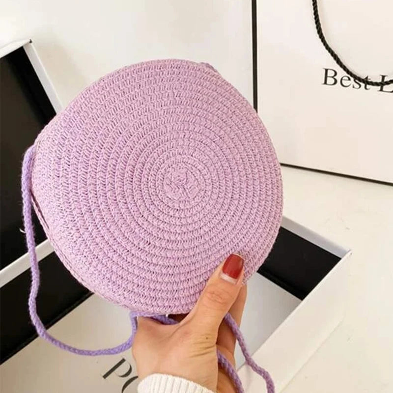 Round Straw Bag Women Woven Beach Crossbody Bag for Ladies Cute Shoulder Rattan Handmade Knitted Candy Color Small Handbag Bolsa