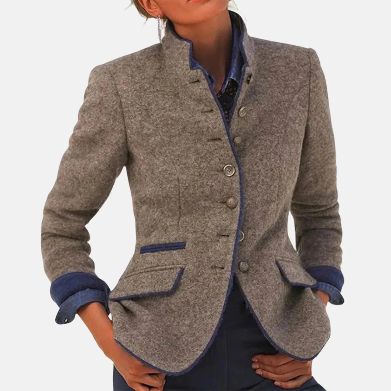 Chic Autumn Women's Blazer Coat with Pockets - Elegant Mandarin Collar, Long Sleeve Casual Woolen Jacket