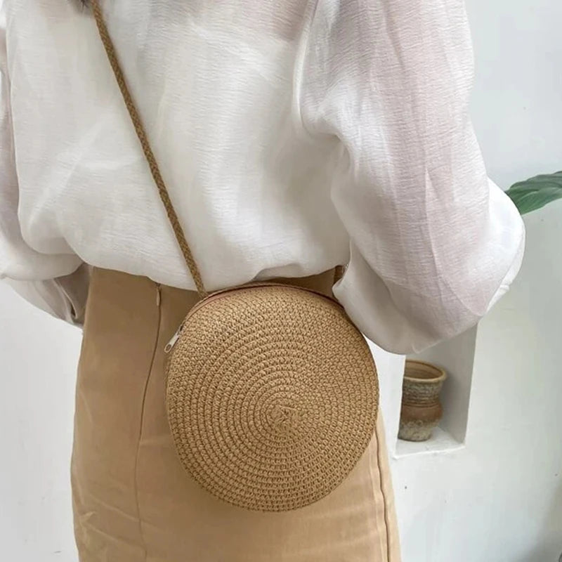 Round Straw Bag Women Woven Beach Crossbody Bag for Ladies Cute Shoulder Rattan Handmade Knitted Candy Color Small Handbag Bolsa