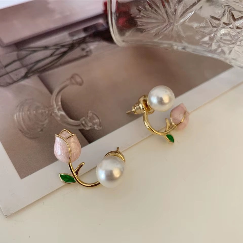 Introducing the Beautiful Fresh Rose Stud Earrings with Imitation Pearl – Sweet Pink Tulip Elegance for Trendy Women!