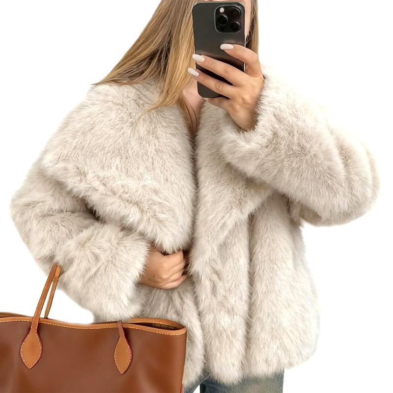 Buenoble Women'S Brown Faux Fur Coat Winter Fluffy Short Jacket Warm Fuzzy Oversized Outwear Top Shaggy Collar Full Lining Short Jacket with Side Pockets