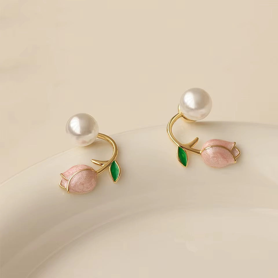 Introducing the Beautiful Fresh Rose Stud Earrings with Imitation Pearl – Sweet Pink Tulip Elegance for Trendy Women!