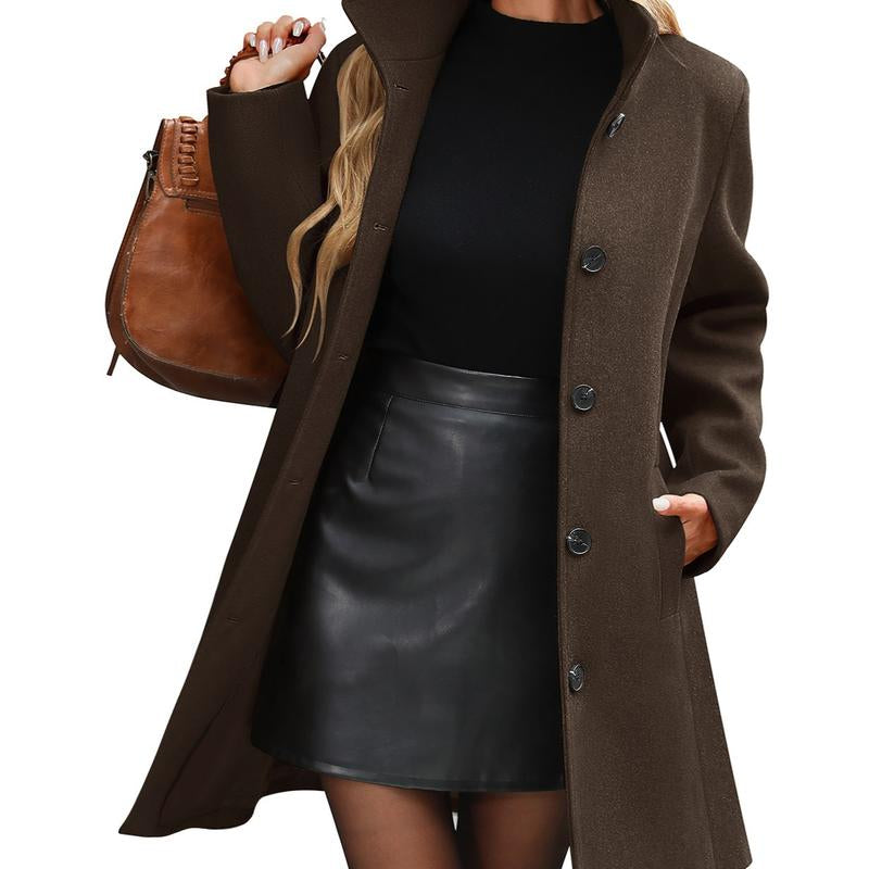 Women'S Winter Single Breasted Pea Coat Casual Stand Collar Overcoat Work Office Classic Jacket with Pockets