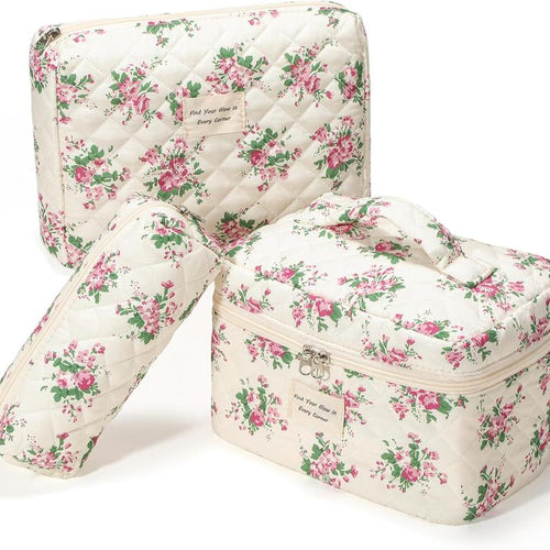 DELAMU 3-Piece Luxury Makeup Organizer Set – Aesthetic Quilted Beauty Storage Bags | GRWM Essentials | Must-Have Travel Makeup Case & Vanity Storage