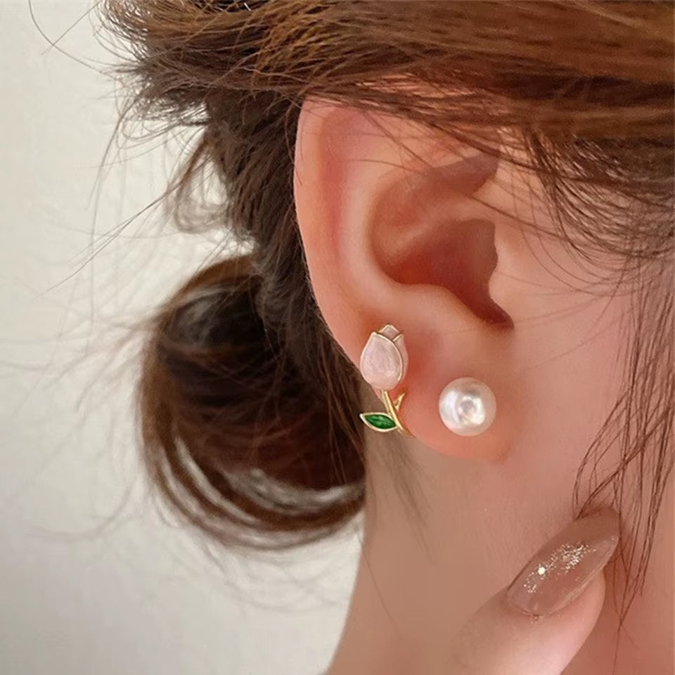 Introducing the Beautiful Fresh Rose Stud Earrings with Imitation Pearl – Sweet Pink Tulip Elegance for Trendy Women!